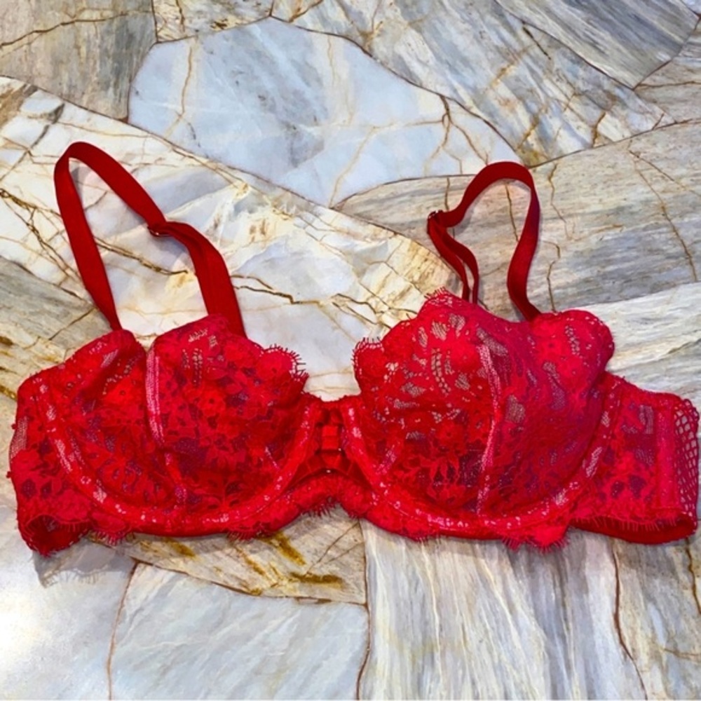 Rare New 34B Very Sexy Unlined Demi Bra Fishnet Red Floral Lace